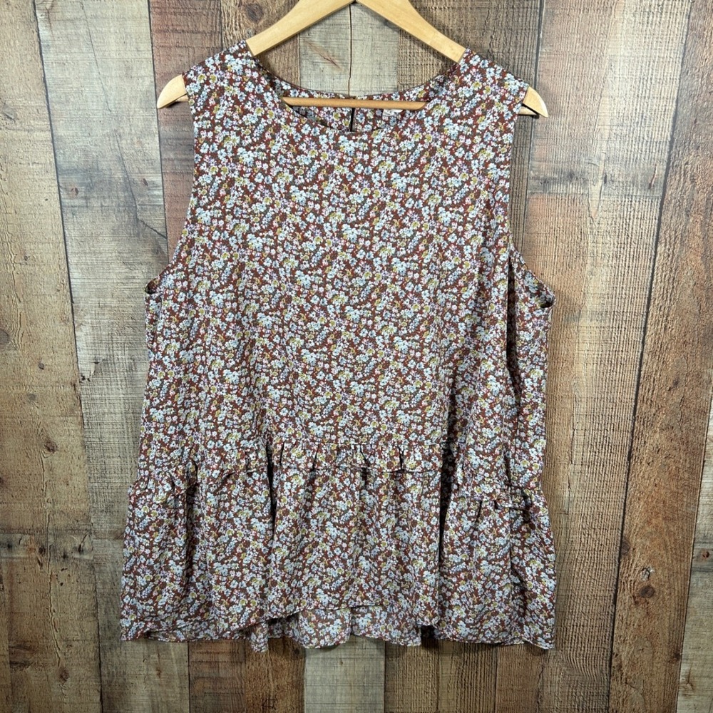 Cotton Bleu Womens 1X Rust Ditsy Floral Sleeveless Peplum Blouse Top Prairie